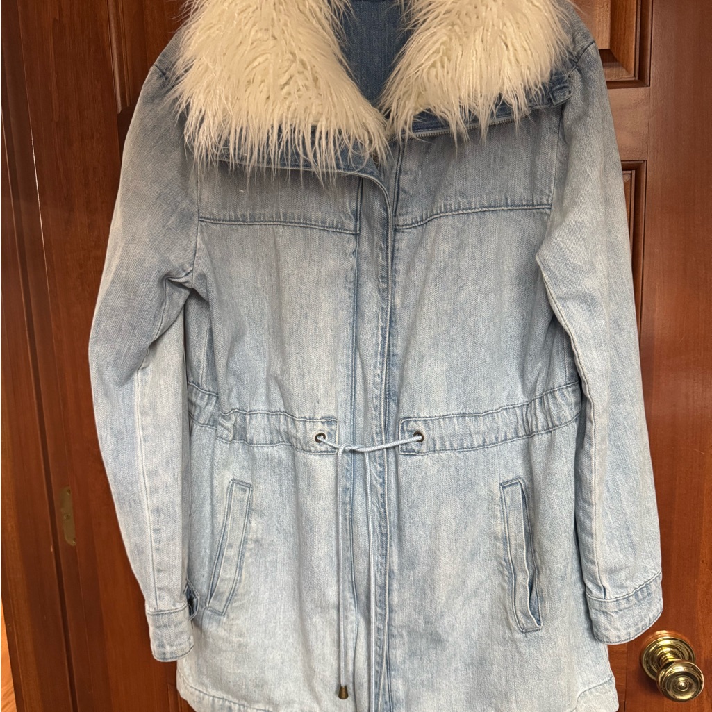 Stylish Light Blue Denim Jacket With Faux Fur Collar